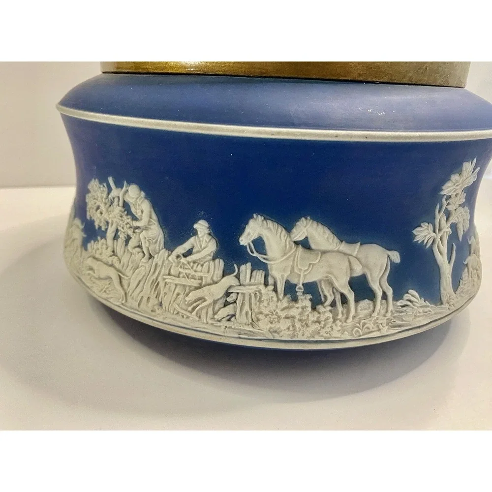 Antique Adams Tunstall Dark Blue Jasperware Bowl Dish Dogs Horses Scene See Pics
